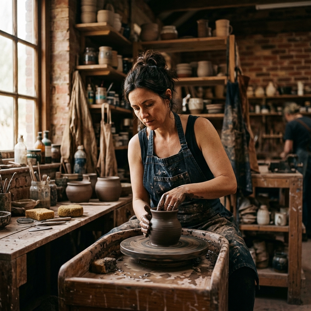 Artisan working with pottery